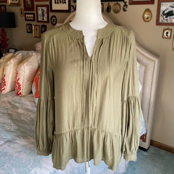RO&DE Olive Color Peasant/Hi-Low Blouse, Long Sleeve - Picture 1 of 9